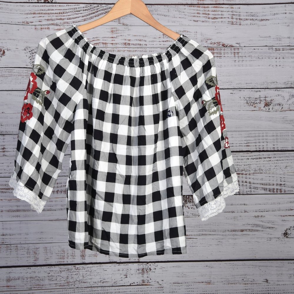 Abercrombie  Kids Black Buffalo Plaid Off Shoulder 3/4  Sleeve Shirt Size 13/14